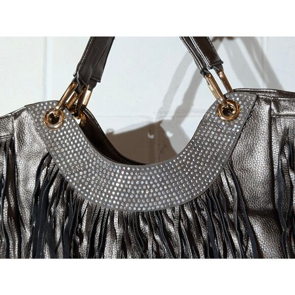 Metallic Silver Fringe Rhinestone Detail Shoulder Bag Hobo Purse Glam - Picture 4 of 6